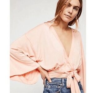 Free People Women’s Light Coral That’s A Wrap Top Neon Kimono Tie Front Top XS